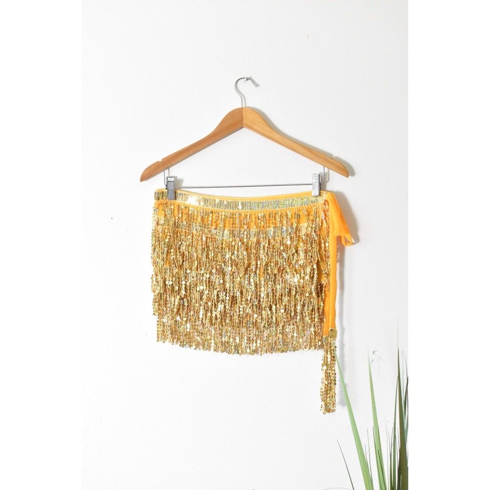 Sequin Hip Scarf Women One Size Gold Yellow Vintage Dance Wrap Skirt - Picture 9 of 10